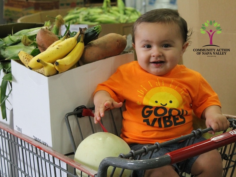 Smiling baby in cart with fresh produce